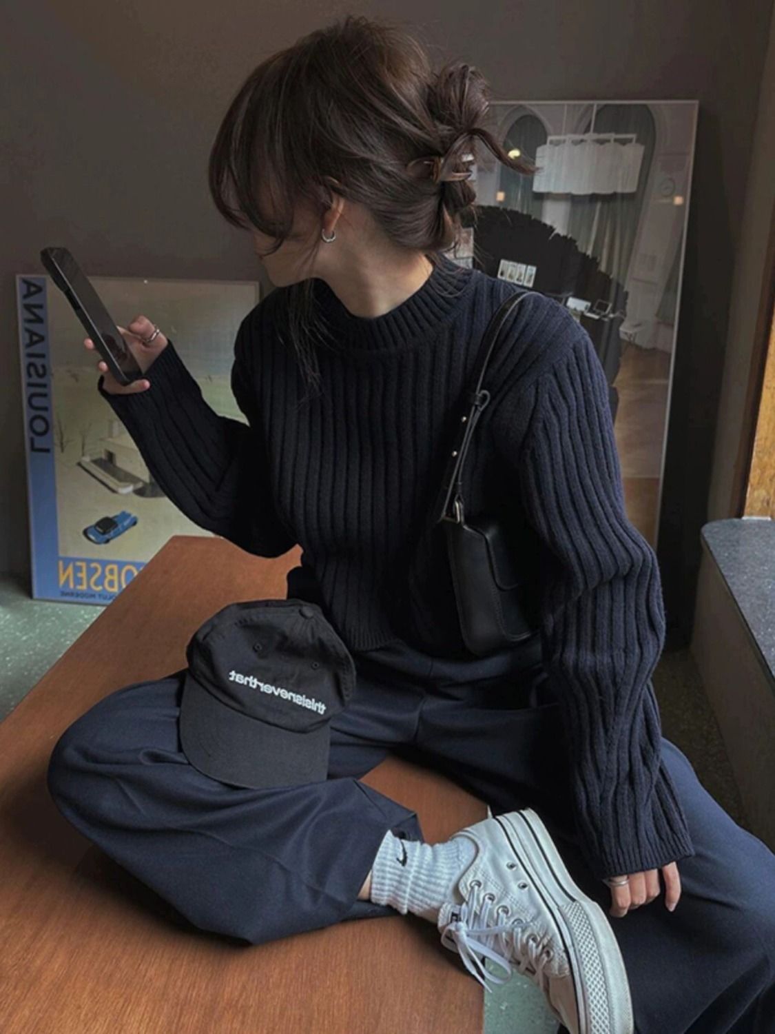 韓系慵懶復古黑色針織衫女秋冬小眾打底毛衣韓系休閒百搭氣質上衣