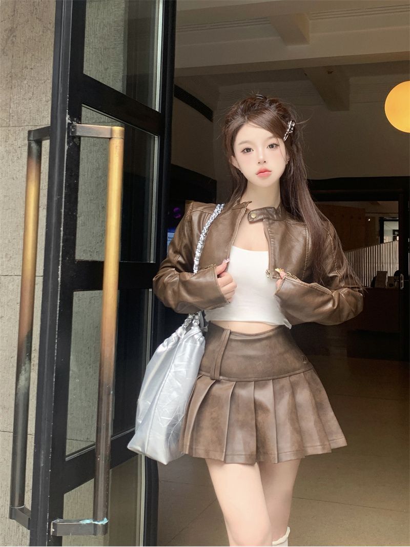 美式辣妹炸街套裝機車皮衣短外套上衣女秋季百褶皮裙半身裙兩件套