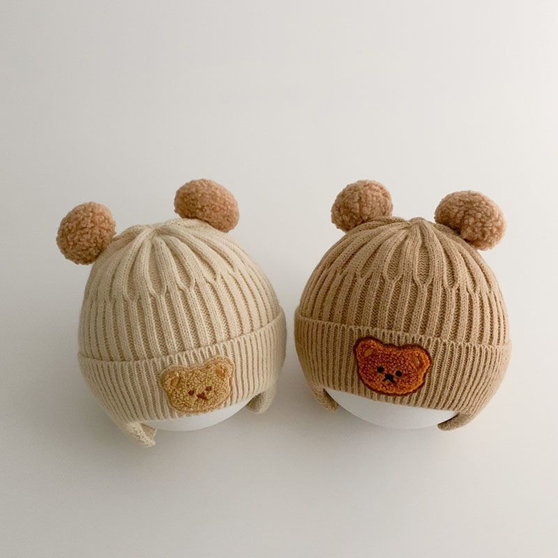 婴儿帽子秋冬可爱小熊宝宝毛线帽冬季男女童针织帽儿童保暖护耳帽