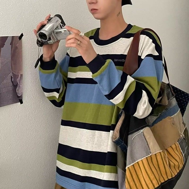 秋季新款復古撞色純棉條紋寬鬆長袖T恤韓版小眾寬鬆休閒百搭上衣