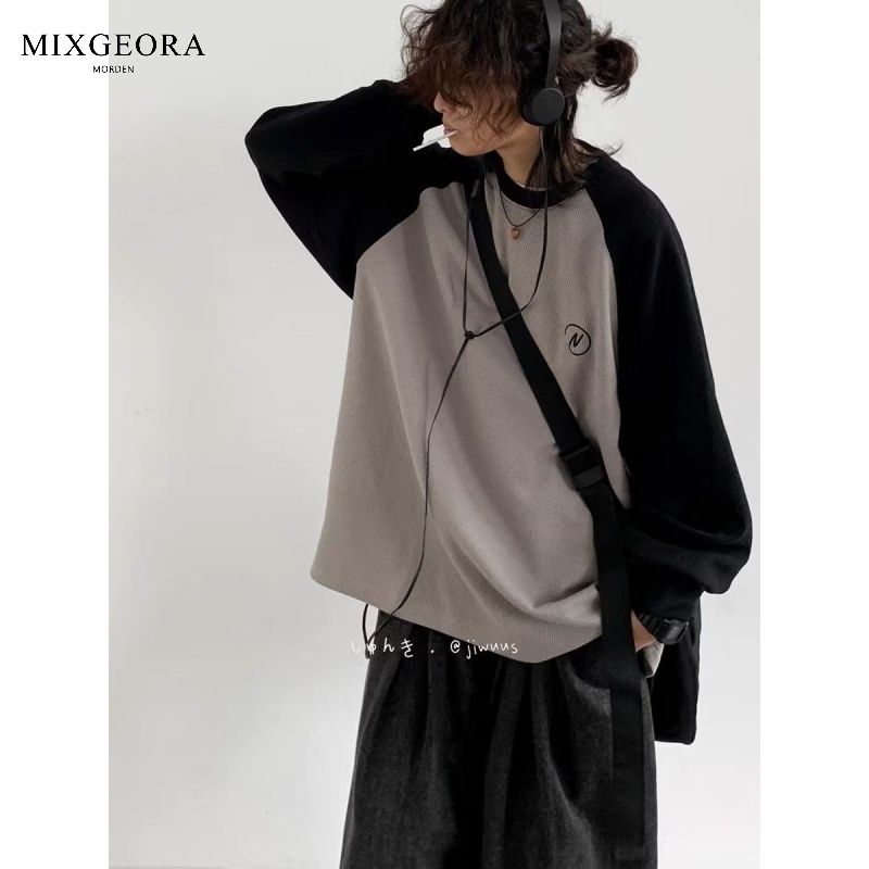 MIX GEORA autumn Japanese retro contrasting sweatshirts for men and women trendy brand loose color block waffle long sleeves