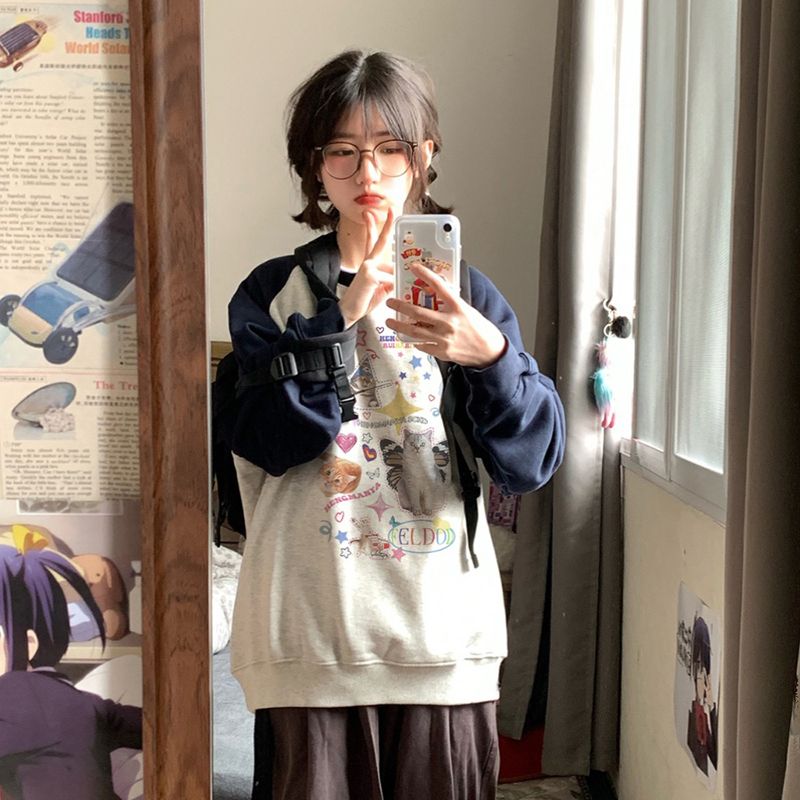 100%重磅純棉2023春秋季chic寬鬆插肩上衣女可愛貓咪情侶圓領衛衣