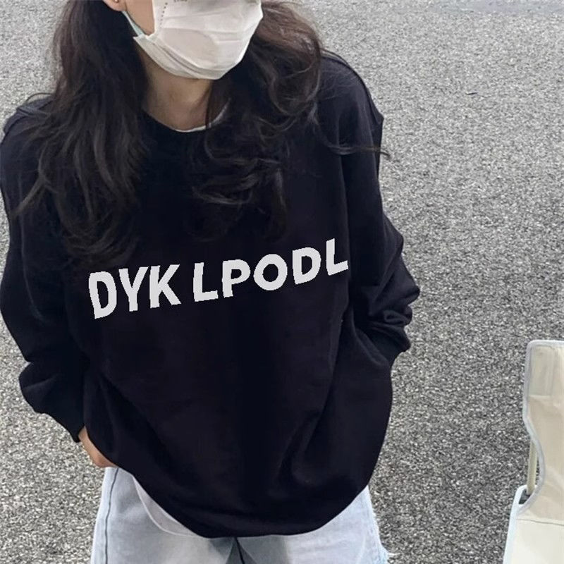 100%重磅純棉黑色衛衣女2023薄款春秋新款寬鬆慵懶風圓領長袖上衣