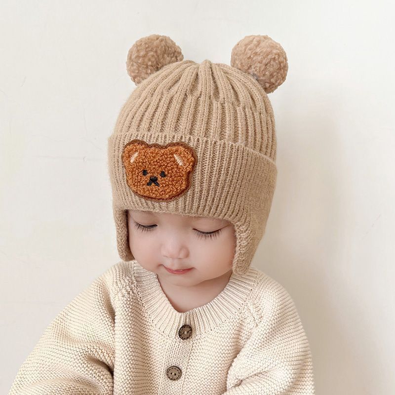 婴儿帽子秋冬可爱小熊宝宝毛线帽冬季男女童针织帽儿童保暖护耳帽