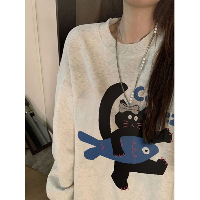100%重磅純棉貓咪印花衛衣女2023秋冬新款設計感小眾潮牌情侶上衣