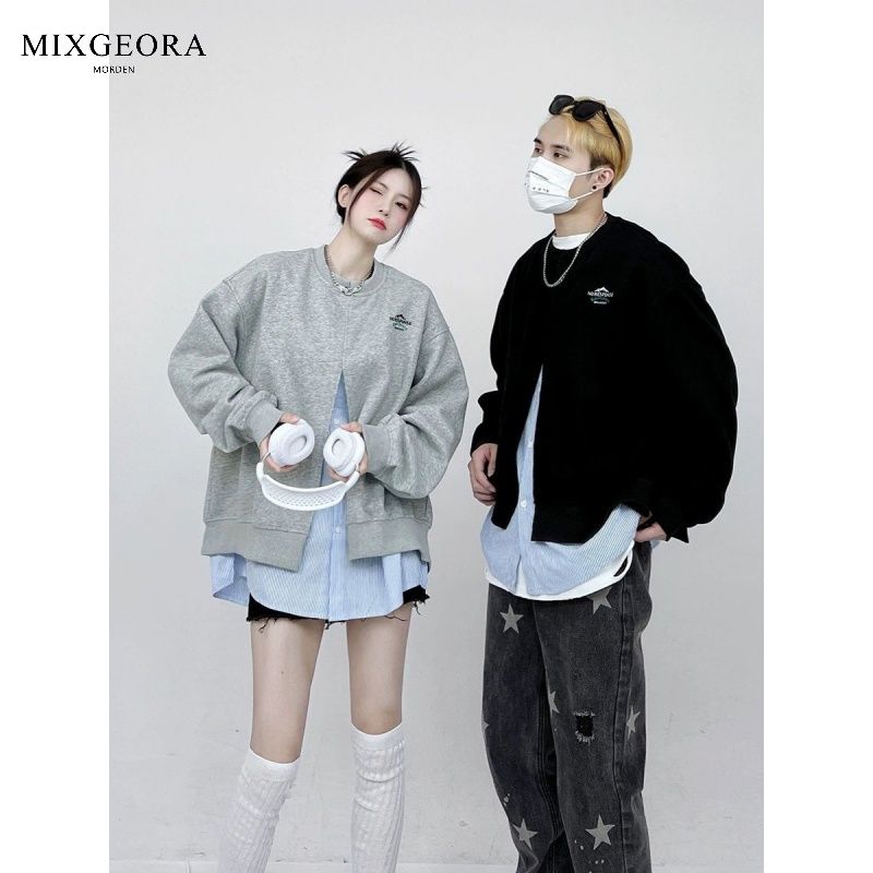 MIX GEORA trendy brand original fake two-piece striped shirt niche jacket couple new splicing casual sweatshirt