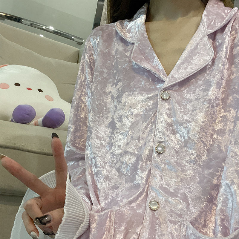 睡衣女春秋季金丝绒长袖大码可外穿两件套装网红风浅紫夏冬家居服