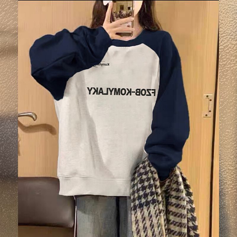 100%重磅純棉2023春秋季衛衣女休閒字母印花插肩袖情侶款長袖上衣