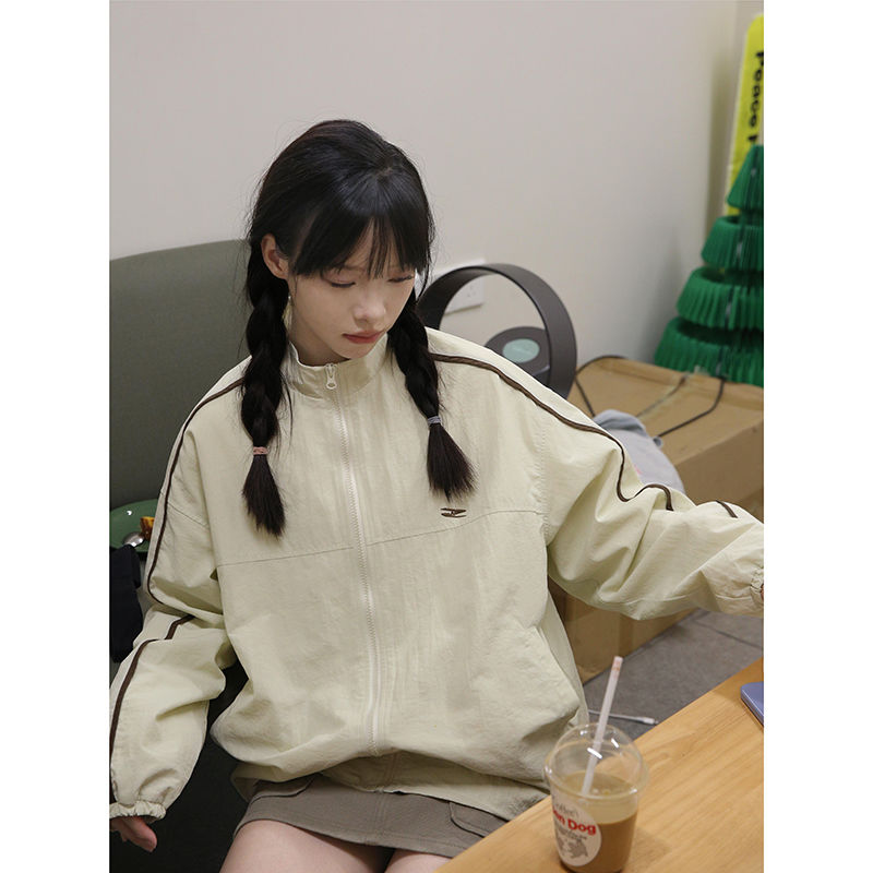 自製撞色刺繡衝鋒衣女秋季學院風百搭休閒運動外套