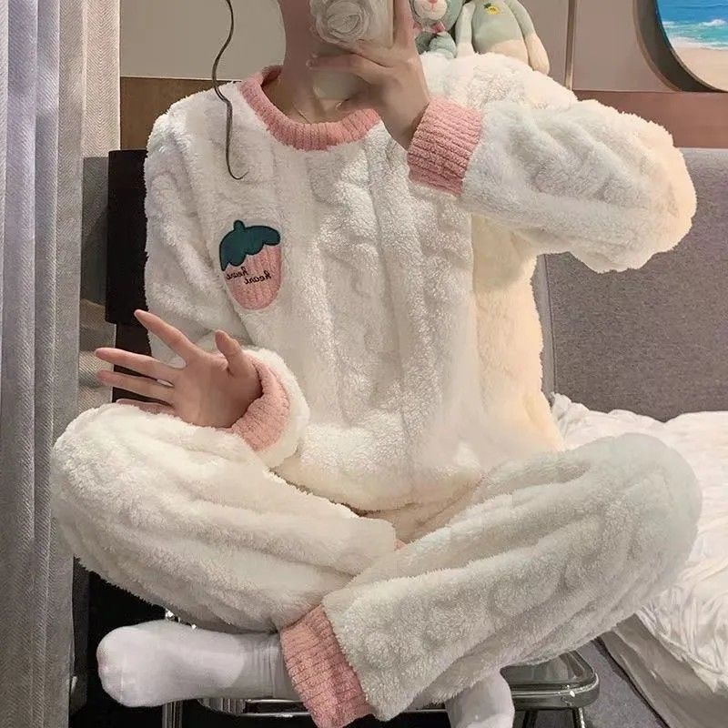 珊瑚絨睡衣女秋冬季加厚保暖學生可愛大碼寬鬆長袖休閒家居服套裝