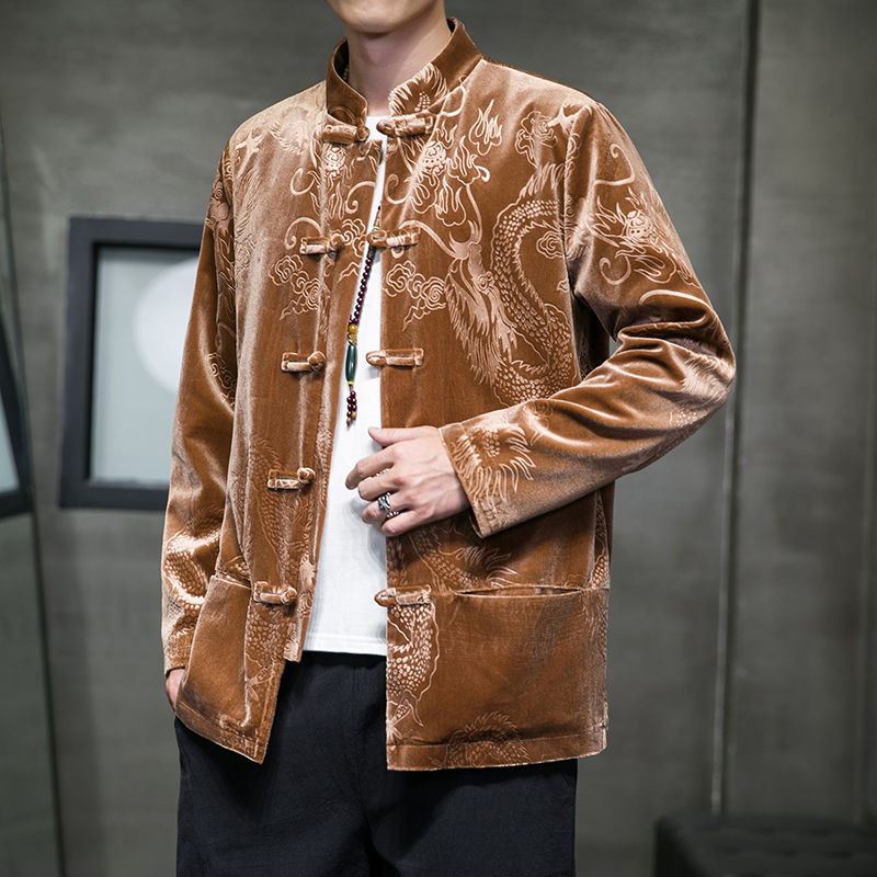中國風男裝龍紋絲絨新中式唐裝漢服夾克外套秋季古風盤扣中山裝男