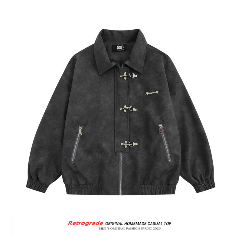 American retro aircraft buckle washed PU leather jacket for men and women in spring and autumn trendy street high-end loose casual jackets