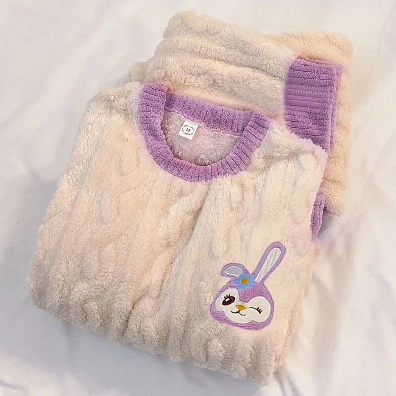 珊瑚絨睡衣女秋冬季加厚保暖學生可愛大碼寬鬆長袖休閒家居服套裝