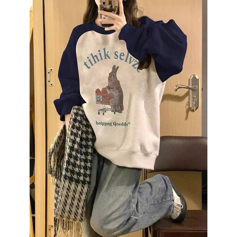 100%重磅純棉插肩袖無帽衛衣女春秋寬鬆bf慵懶風撞色上衣2023春秋