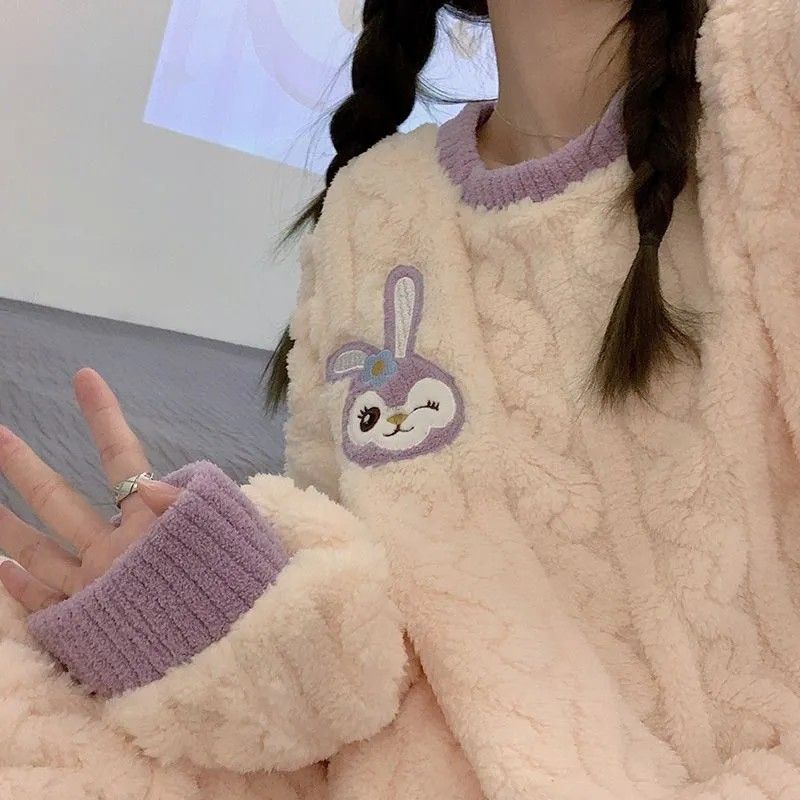 珊瑚絨睡衣女秋冬季加厚保暖學生可愛大碼寬鬆長袖休閒家居服套裝