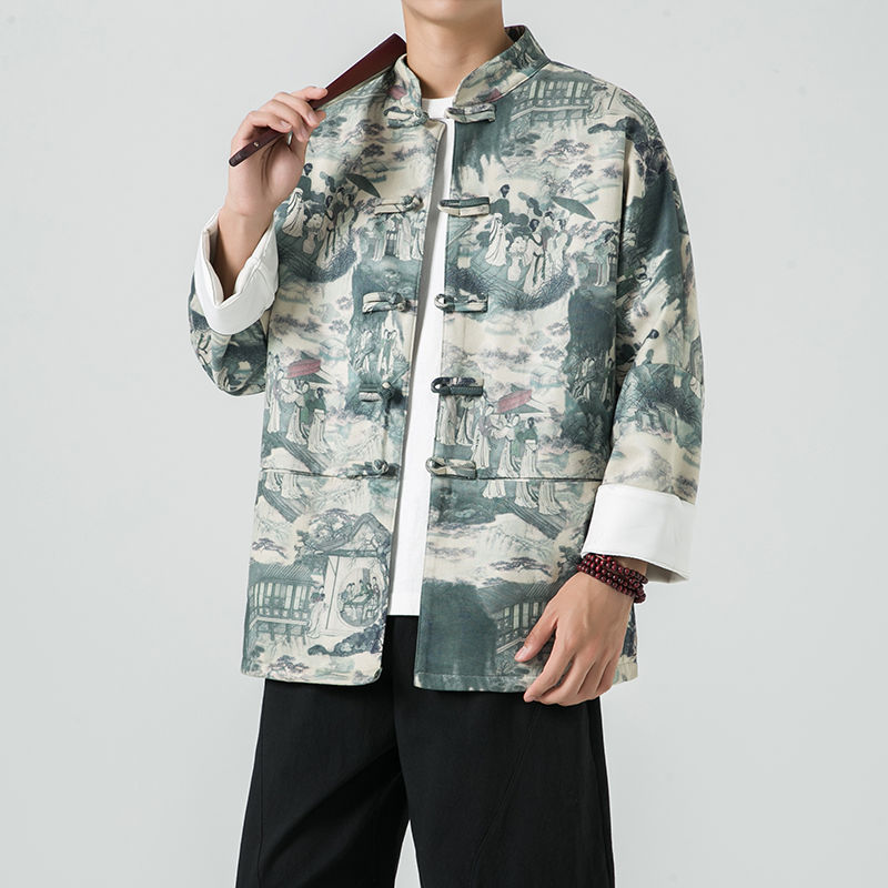中國風春秋季外套男中式復古盤扣麂皮絨印花夾克漢服寬鬆唐裝上衣