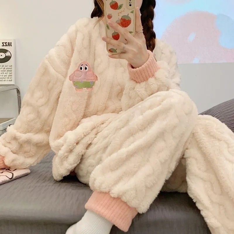 2023年秋冬季新款珊瑚絨睡衣女可愛甜美加厚法蘭絨加絨家居服套裝