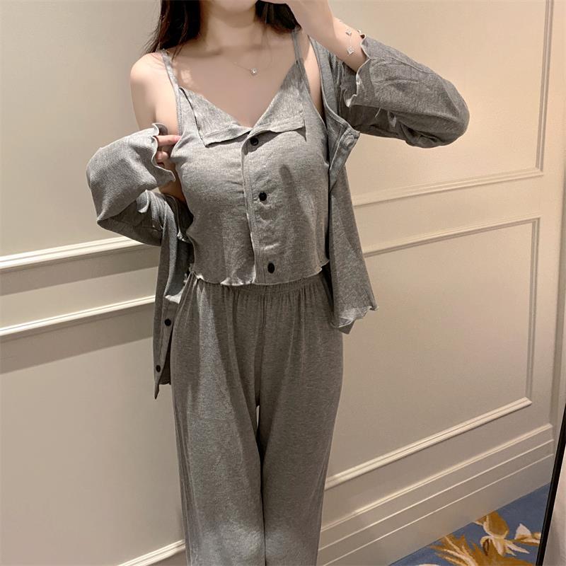 純欲風性感睡衣女春秋冬季莫代爾純棉2023新款灰色吊帶胸墊三件套