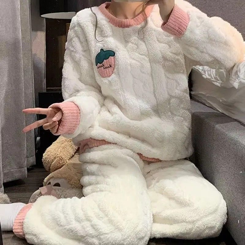 珊瑚絨睡衣女秋冬款加絨加厚保曖家居服女士冬季法蘭絨套裝可外穿