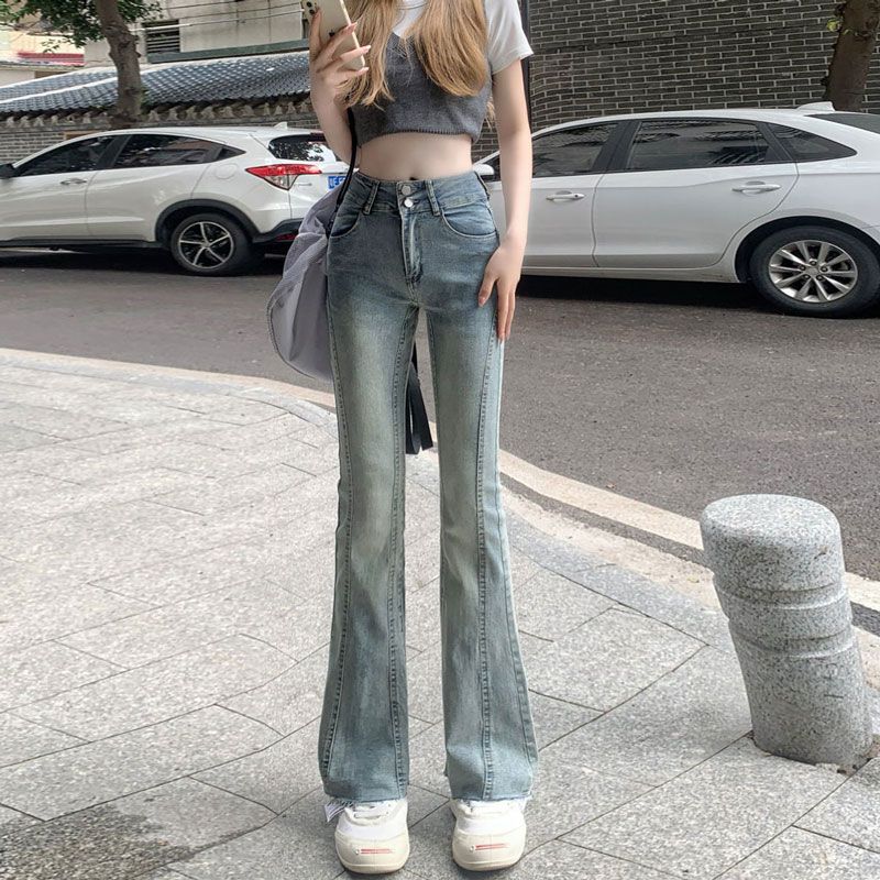馬蹄長褲懷舊復古彈力設計雙扣高腰拼接修身喇叭毛邊微喇牛仔褲女