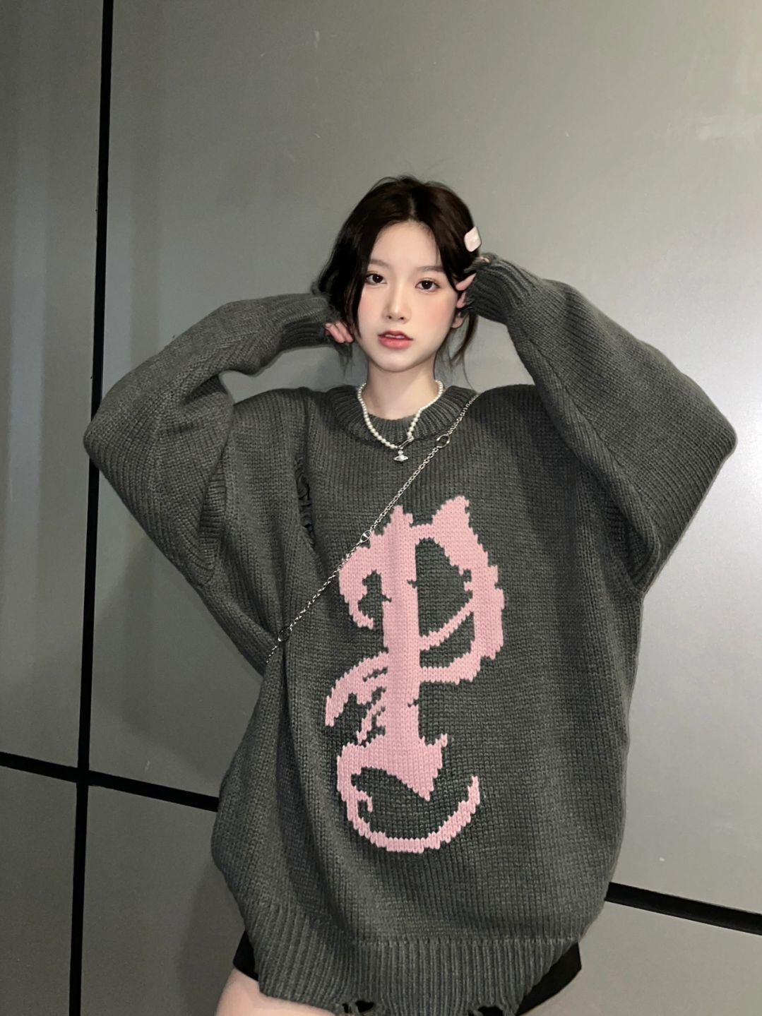 美式慵懶風復古做舊毛衣女秋冬季寬鬆小眾圓領套頭針織衫上衣外套