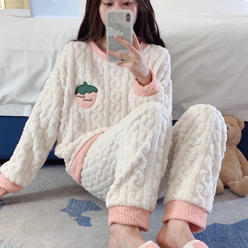 睡衣女款冬季珊瑚絨加厚加絨保暖長袖法蘭絨可愛家居服套裝可外穿