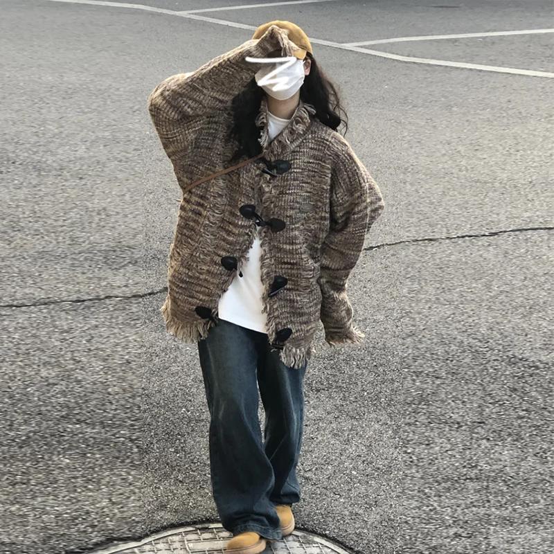 復古慵懶風牛角扣毛衣針織開衫外套女秋冬2023新款寬鬆高級感上衣