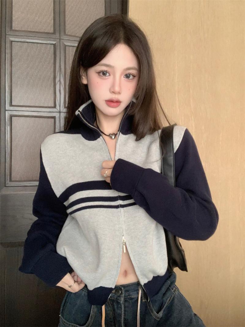 美式復古撞色拼接高領長袖毛衣外套女裝秋季修身短款開衫拉鏈上衣