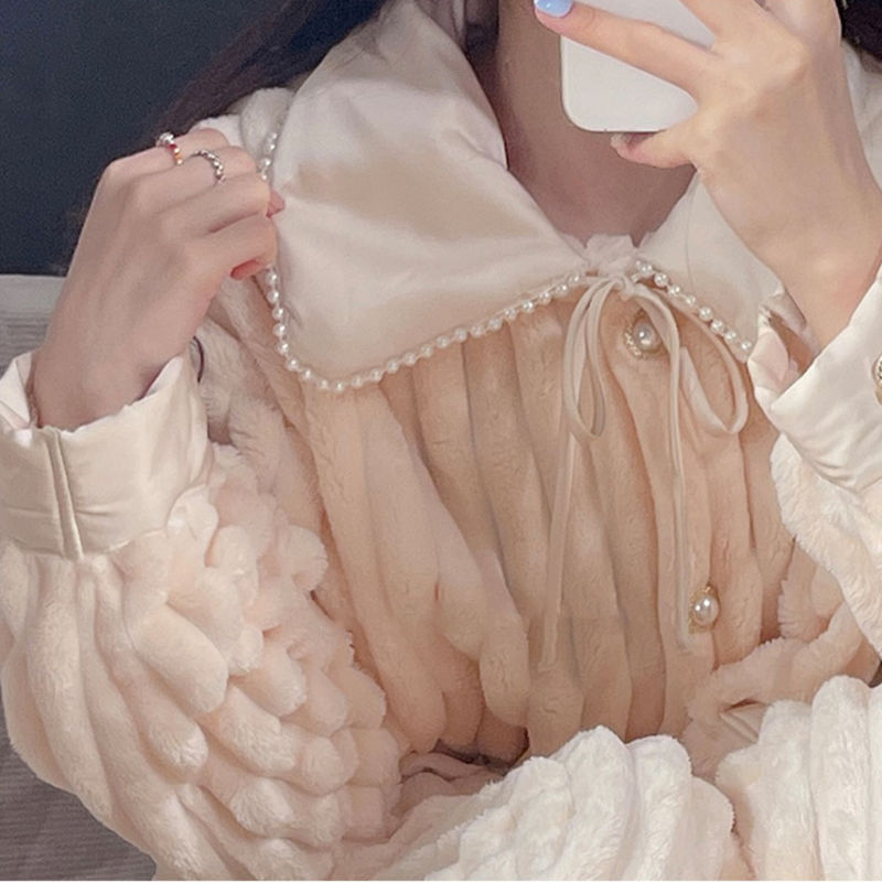 睡衣冬季女珊瑚絨加厚加絨純色小香風ins保暖毛絨家居服冬天套裝