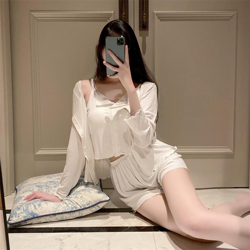 莫代爾睡衣女2023春秋新款高級性感奢華純欲風家居服三件套帶胸墊