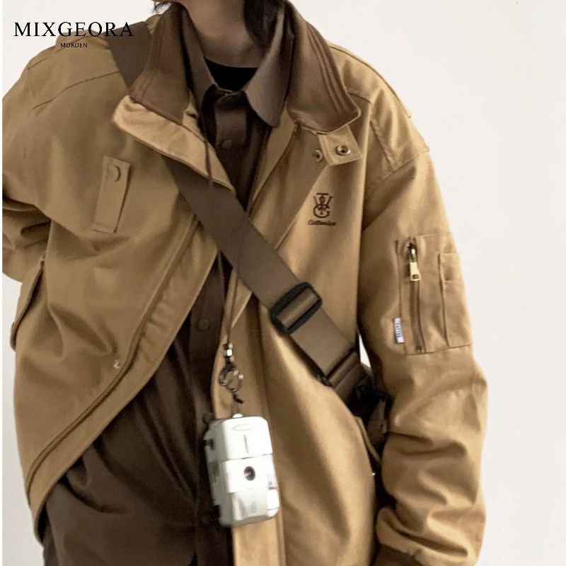 MIX GEORA秋季復古刺繡設計工裝外套男女生情侶翻領拼色夾克衫