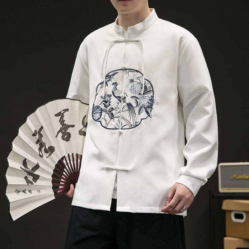 中國風男裝刺繡立領長袖襯衫古風新中式唐裝襯衣上衣改良漢服男