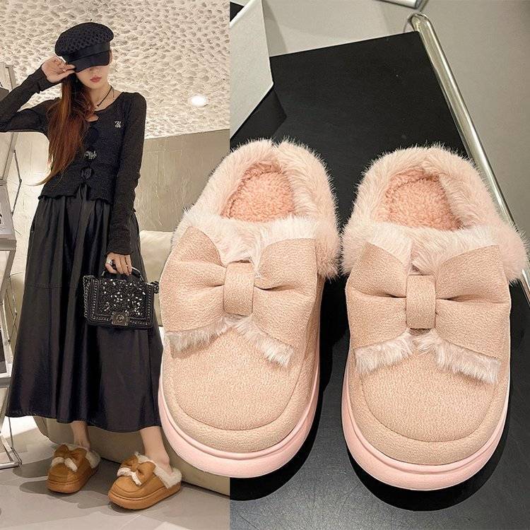 少女甜幼軟底保暖棉拖鞋女秋冬時尚防滑蝴蝶結厚底松糕半包毛毛鞋