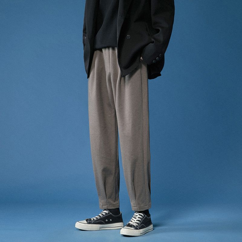 毛呢裤子男士秋冬季韩版加绒垂感西装裤宽松直筒保暖黑色休闲长裤