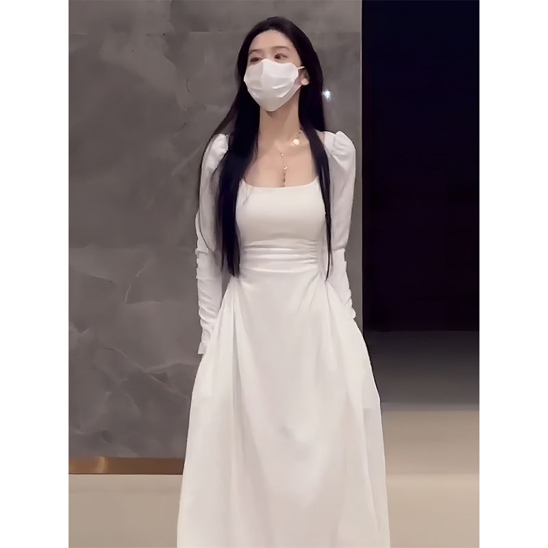 白色長袖連衣裙子女春秋新款夏法式高級感小個子吊帶初戀收腰長裙