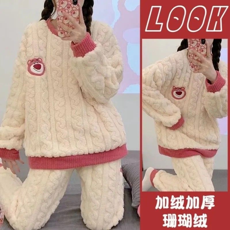 珊瑚絨睡衣冬季女款加厚加絨長袖保暖可外穿法蘭絨春秋家居服套裝