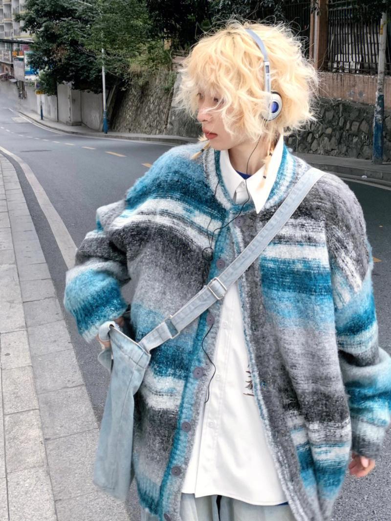 復古漸變條紋毛衣女春季新款寬鬆慵懶風小眾學生開衫針織上衣外套