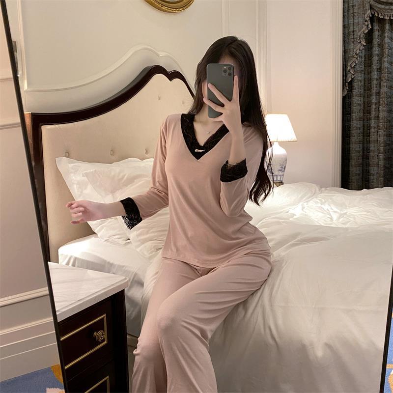 睡衣女秋季2023新款蕾絲法式性感莫代爾春秋甜美帶胸墊家居服套裝