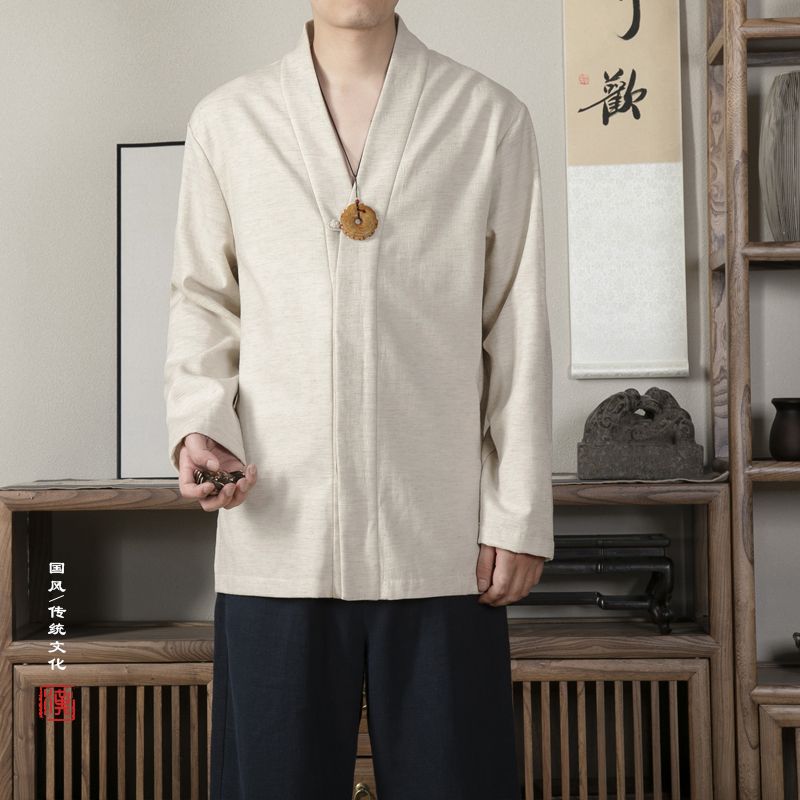 秋季亞麻長袖t恤男士佛系中國風漢服復古加厚棉麻男裝禪服道袍潮