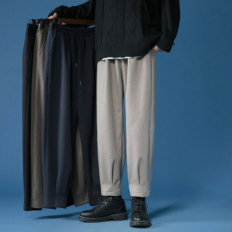 毛呢裤子男士秋冬季韩版加绒垂感西装裤宽松直筒保暖黑色休闲长裤