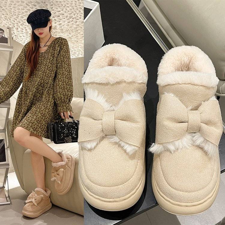 時尚雪地靴女2023秋冬新款網紅百搭洋氣蝴蝶結厚底加絨毛毛短棉鞋