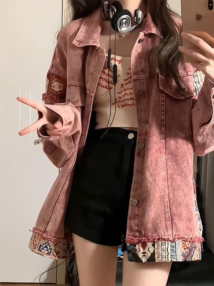 美式復古拼接牛仔外套女春秋寬鬆設計感小眾休閒百搭工裝夾克上衣