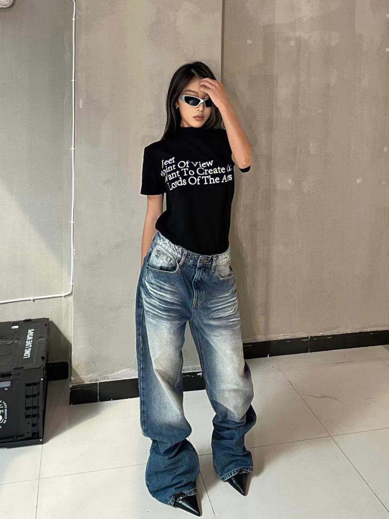 蘇蘇 clothes美式復古高街夾褶水洗直筒寬鬆拖地褲高級小眾牛仔褲