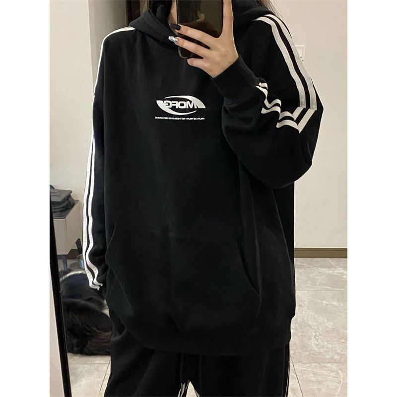 美式復古連帽衛衣女春秋黑色高街hiphop潮牌長袖上衣2023新款爆款