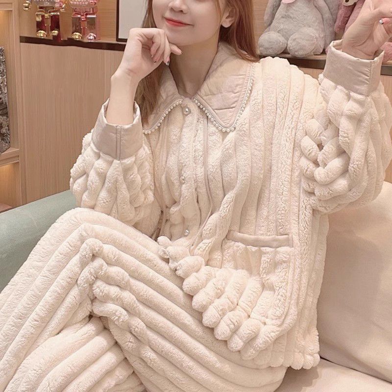 珊瑚絨睡衣女士秋冬季加絨加厚保暖寬鬆大碼孕婦法蘭絨家居服套裝