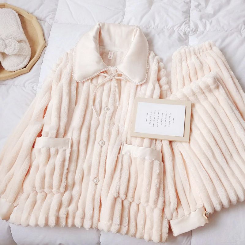 秋冬季珊瑚絨睡衣女士加絨加厚寬鬆卡通可愛法蘭絨家居服套裝冬天