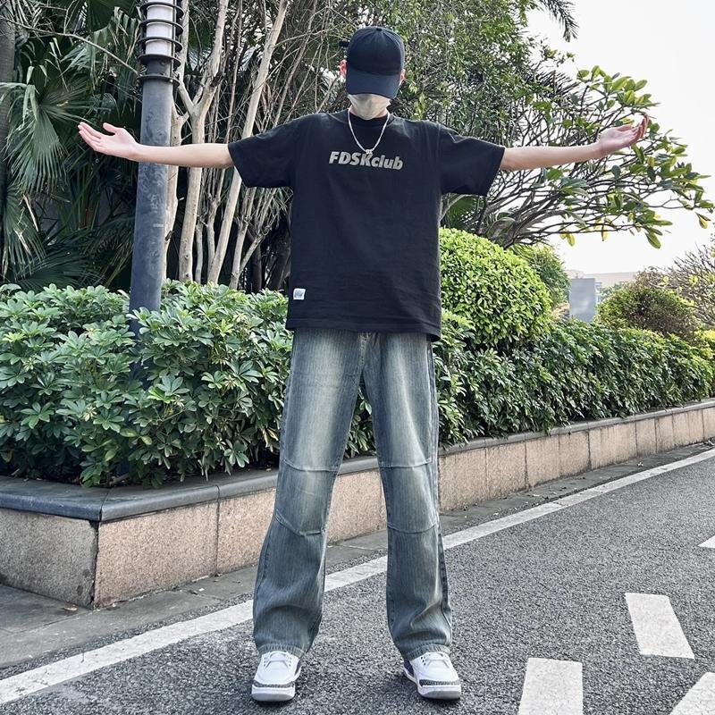 American street oversize loose simple versatile straight jeans men's niche design trousers ins trend