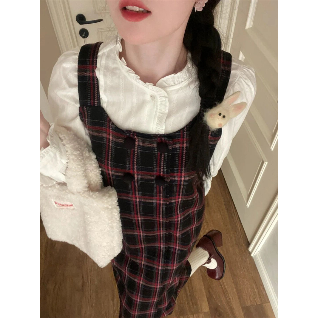 秋裝復古學院格紋背帶紅連衣裙女2023無袖背心長裙內搭襯衫兩件套