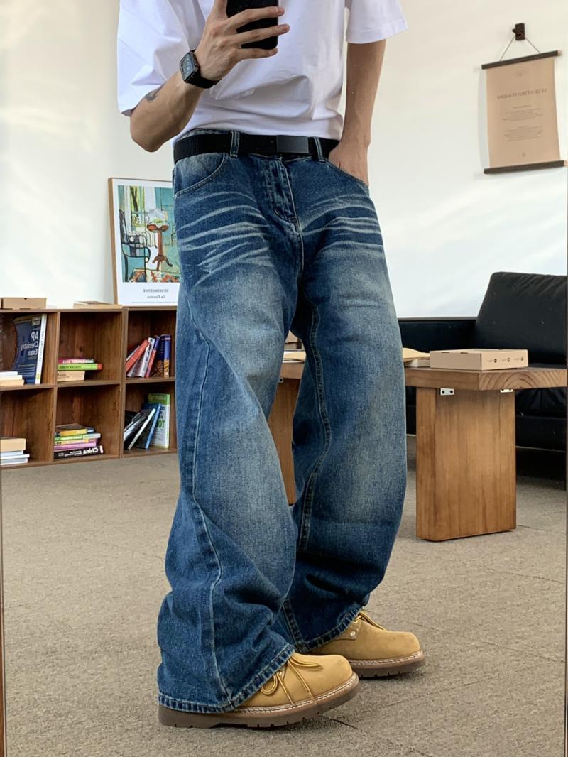 Cabbage coke original niche simple American casual straight pants men's ins washed loose floor-length denim trousers