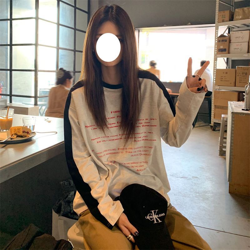 美式復古撞色圓領長袖T恤女秋季新款2022年韓版寬鬆內搭打底上衣